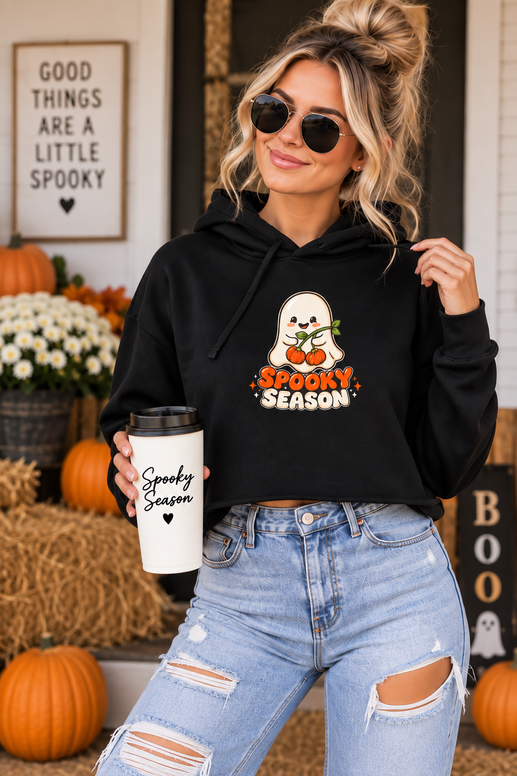 Cropped Hoodie - 'Spooky Season' Ghost Pumpkin Graphic