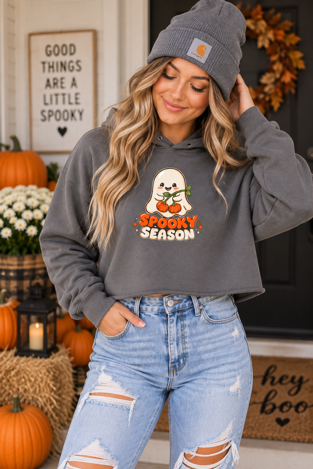Cropped Hoodie - 'Spooky Season' Ghost Pumpkin Graphic