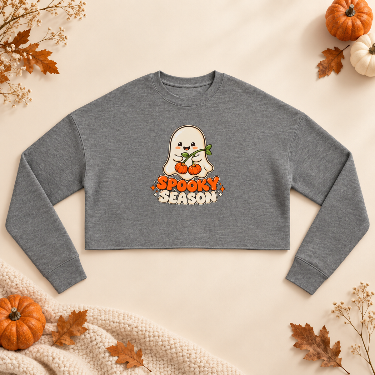 Spooky Season Ghost with Pumpkins Cropped Sweatshirt | Halloween