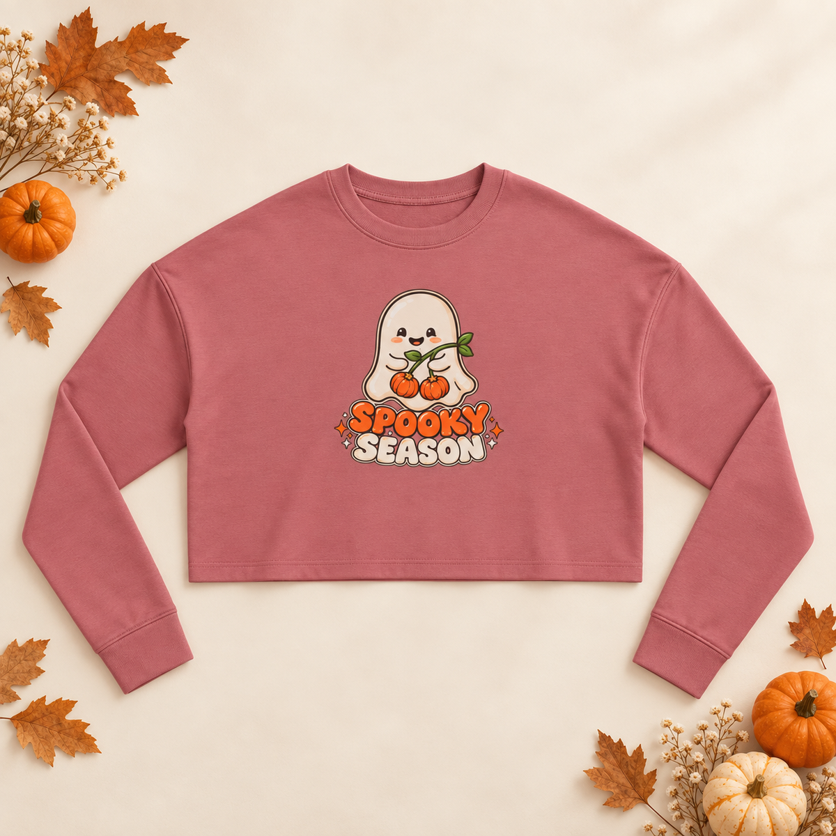Spooky Season Ghost with Pumpkins Cropped Sweatshirt | Halloween