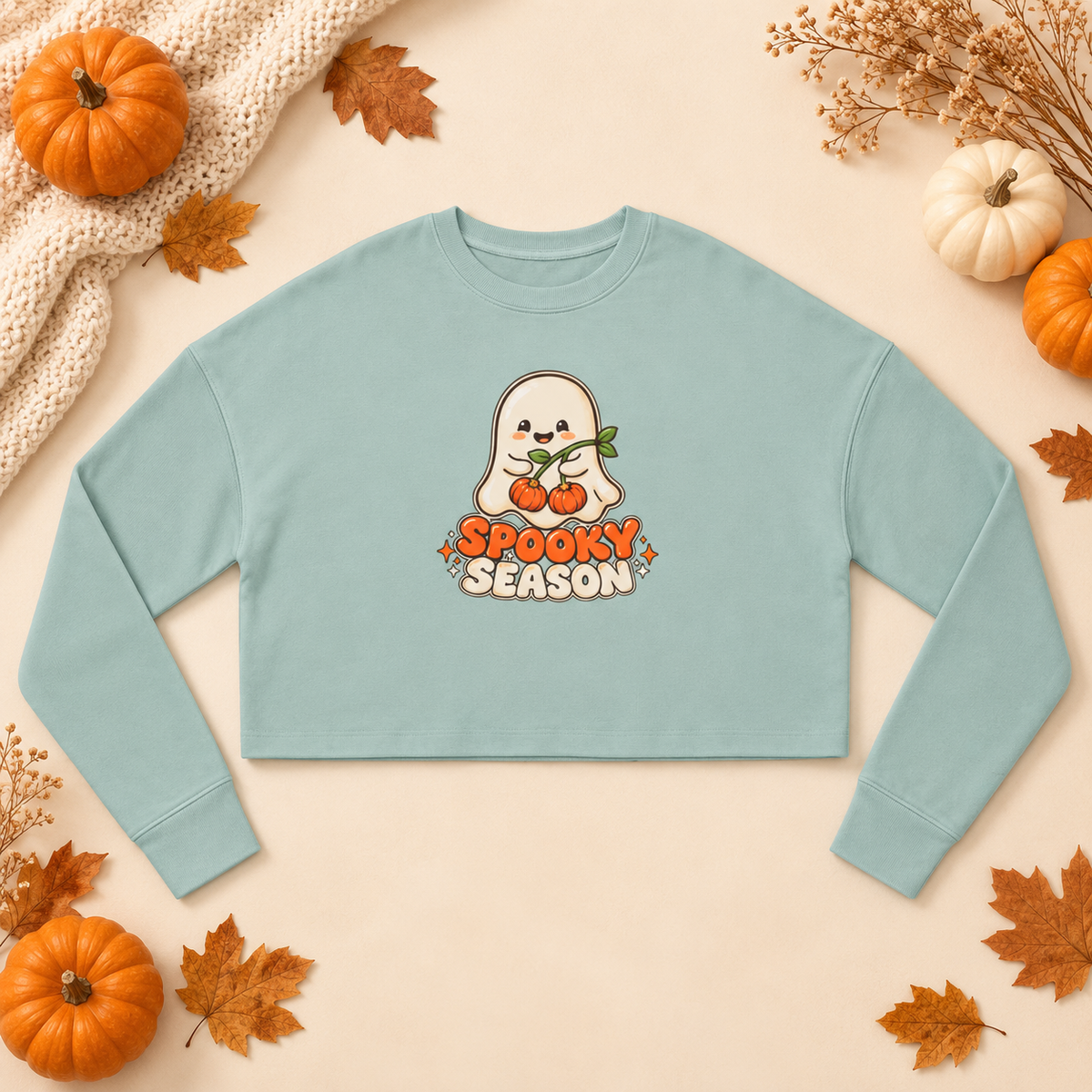 Spooky Season Ghost with Pumpkins Cropped Sweatshirt | Halloween