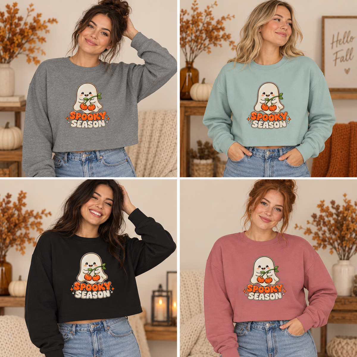 Spooky Season Ghost with Pumpkins Cropped Sweatshirt | Halloween