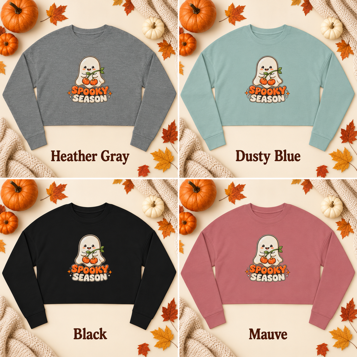 Spooky Season Ghost with Pumpkins Cropped Sweatshirt | Halloween