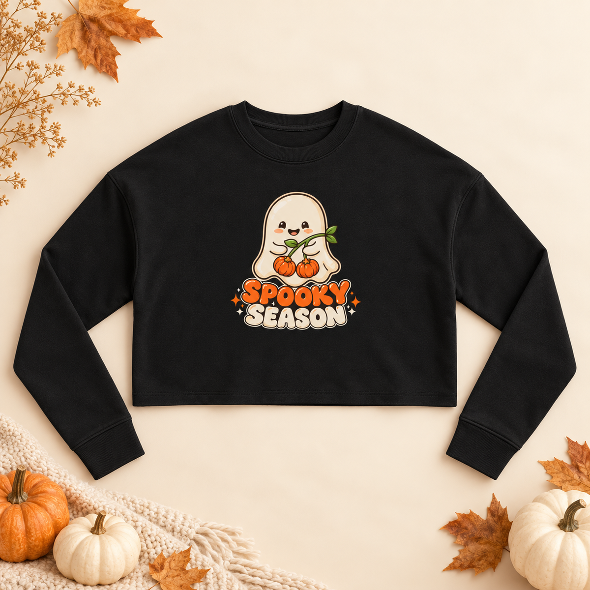 Spooky Season Ghost with Pumpkins Cropped Sweatshirt | Halloween